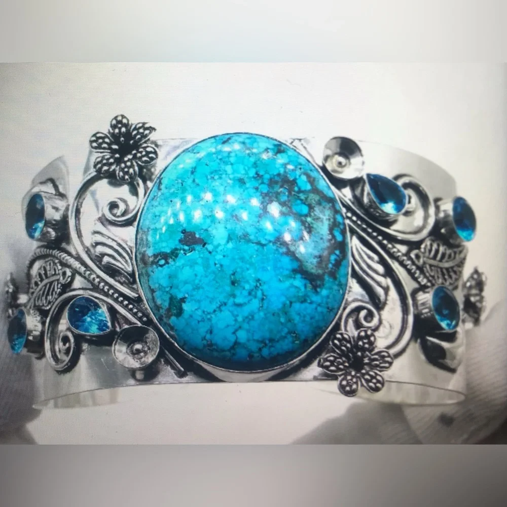 Turquoise Blue Topaz Stamped 925 Sterling Silver Cuff Bracelet - Picture 2 of 3